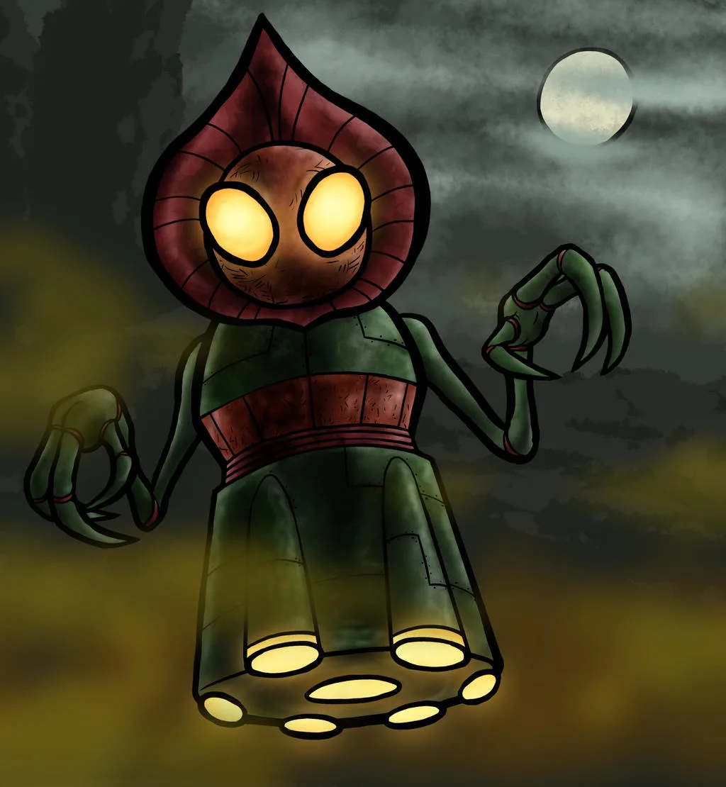 A cartoonish, green, alien-like creature with glowing yellow eyes, a red hood, and clawed hands stands under a full moon…