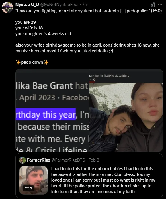 A screenshot of a Twitter thread where a user responds to a video about abortion rights by pointing out the age discrepancy…