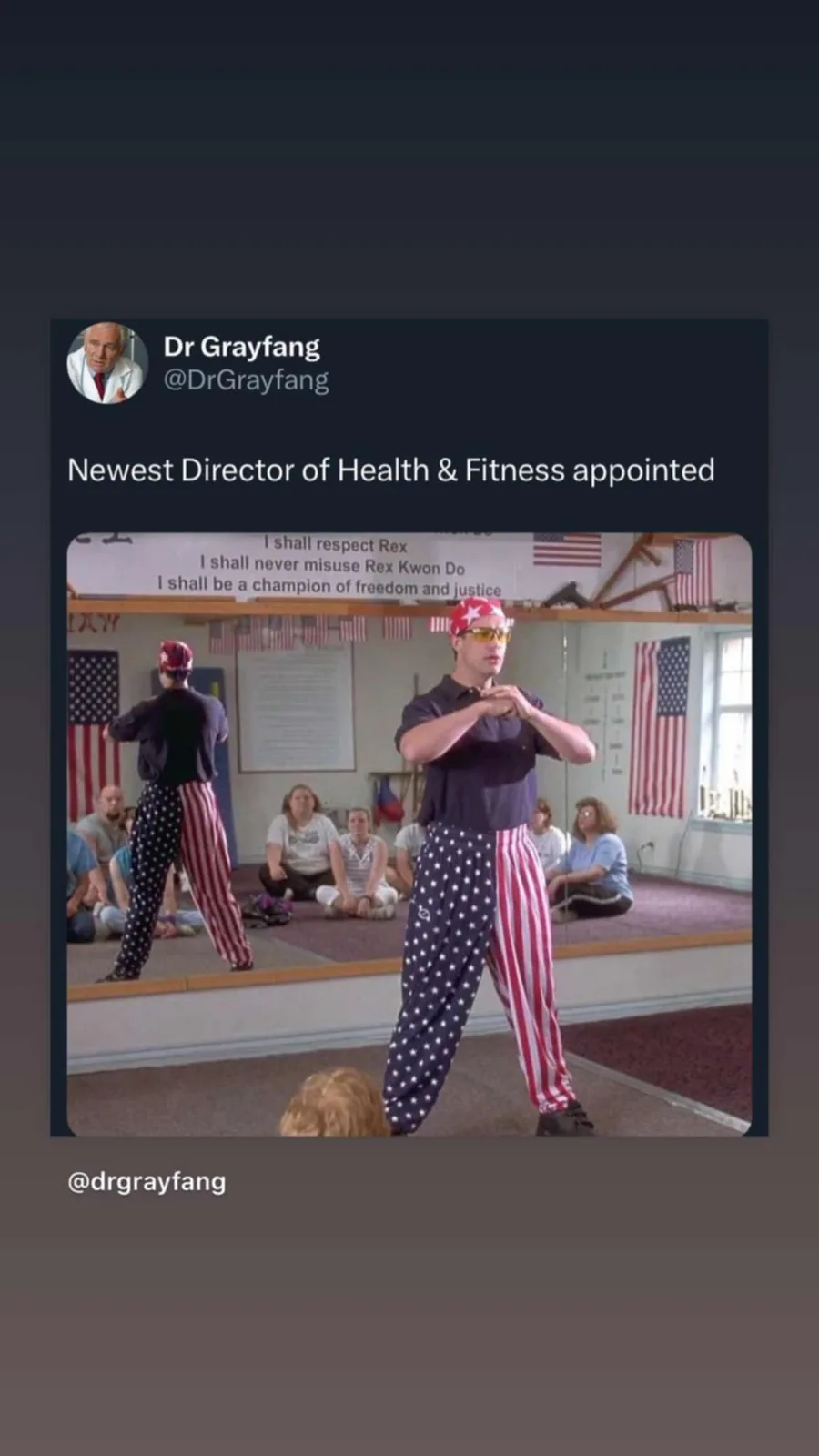 A man in a martial arts dojo wearing patriotic American flag pants and a red bandana with a star, performing a pose in front…