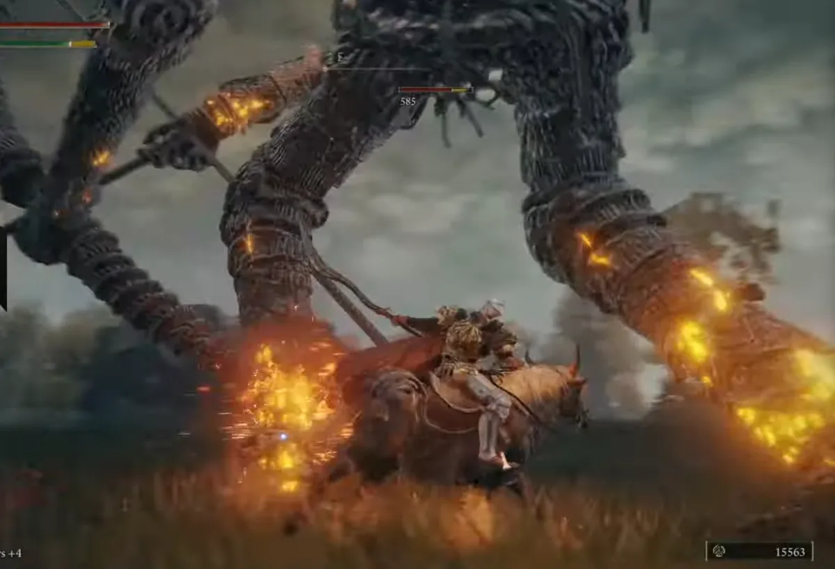 A video game screenshot shows a small player character riding a bull-like creature, dodging fiery attacks from a massive…