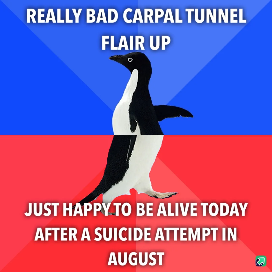 A penguin stands centered against a blue and red background, with white text overlaid. The top text reads 'REALLY BAD CARPAL…