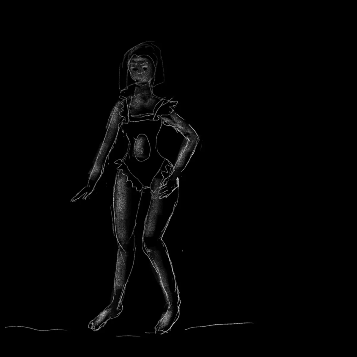 A grainy, black-and-white sketch of a person in a hooded outfit with one hand on their hip and the other hanging down…
