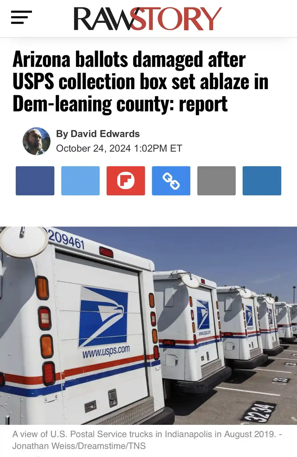 The image displays a screenshot of a news article from 'RAWSTORY' with a headline about Arizona ballots being damaged after…