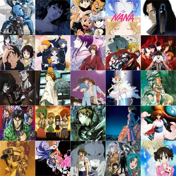 A 5x5 grid collage of 25 distinct anime stills, each depicting different characters and scenes from various Japanese…