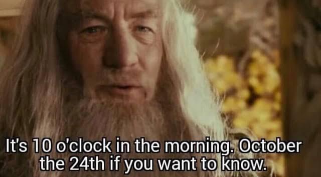 A close-up of Gandalf the Grey from 'The Lord of the Rings' with a serious, slightly weary expression. White text overlaid…