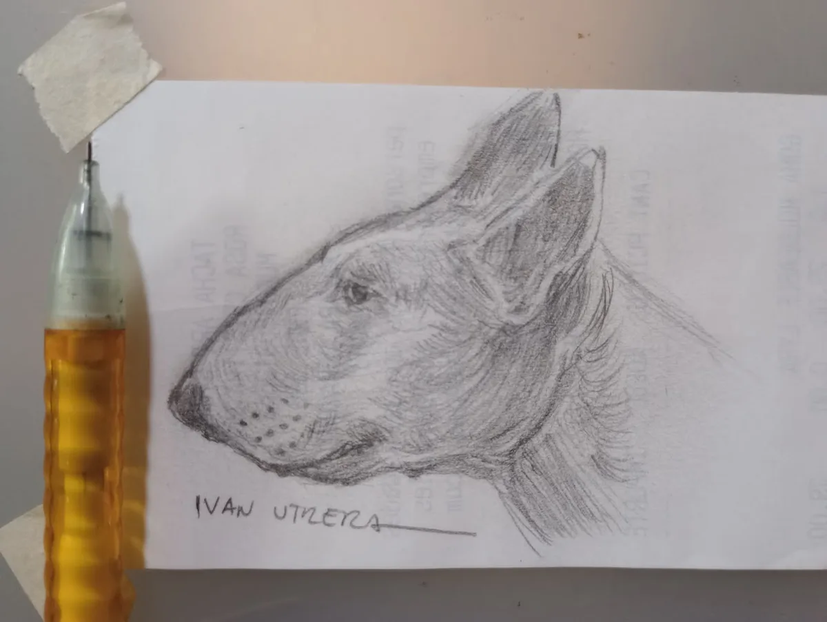 A pencil sketch of a dog's head in profile, drawn on paper with faint text in the background, next to a yellow mechanical…