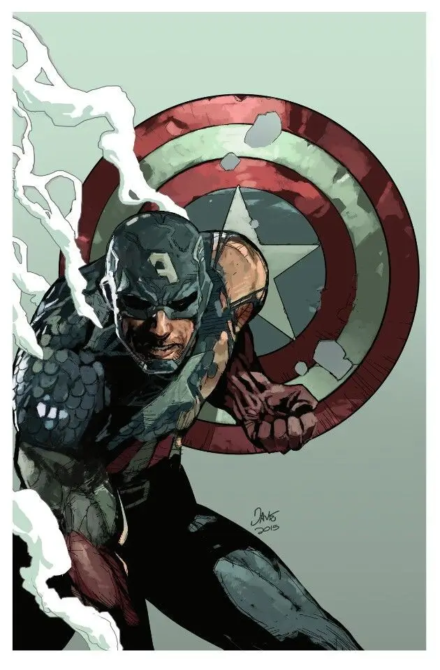 A comic book illustration of Captain America in a dark, gritty style, with lightning bolts striking around him. He is…