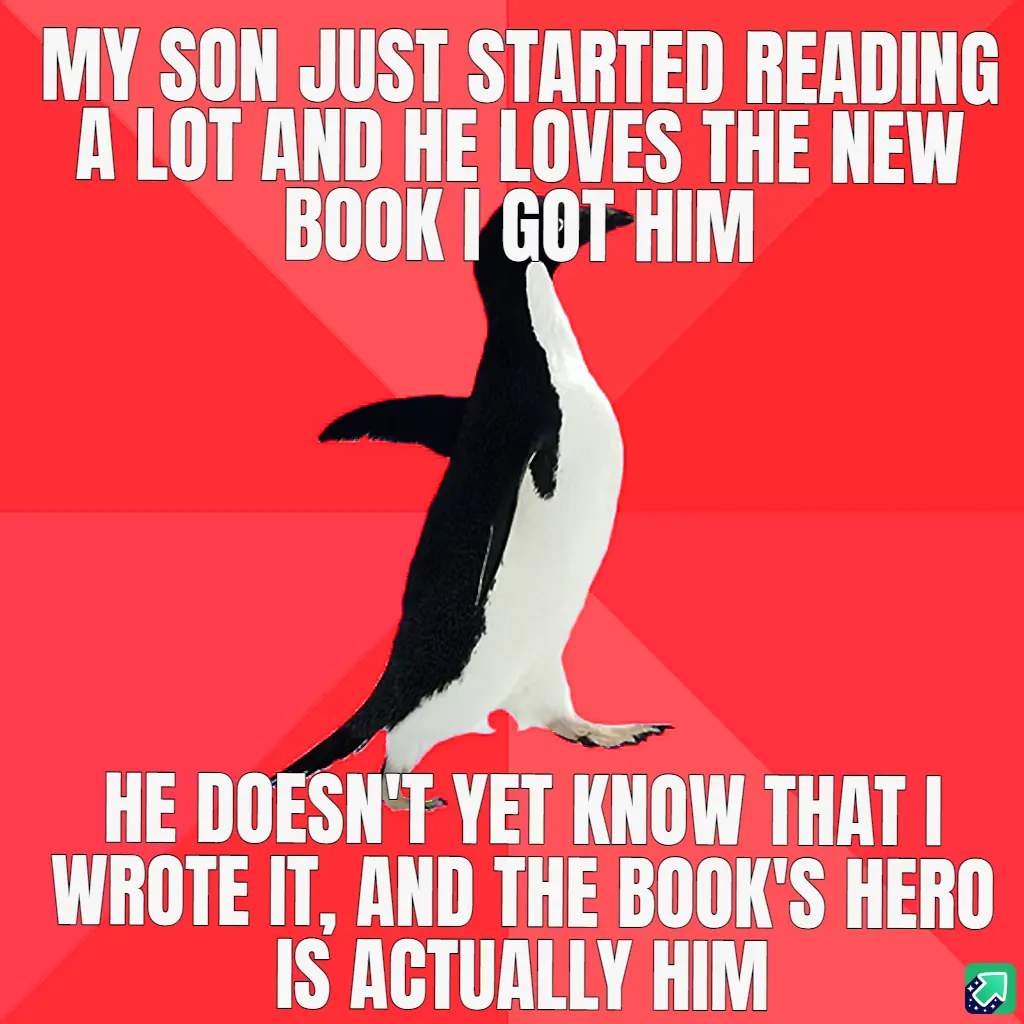 A black-and-white penguin stands upright against a red background with diagonal stripes. White bold text at the top reads…