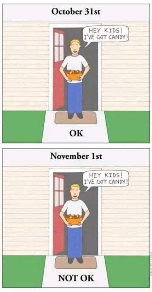 Two-panel comic: top panel shows a man holding candy on October 31st with text 'OK' below; bottom panel shows same man on…