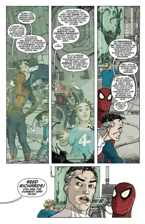 A comic book panel shows Spider-Man and Reed Richards in a lab, with a young boy in a 4½ shirt watching. Spider-Man says…