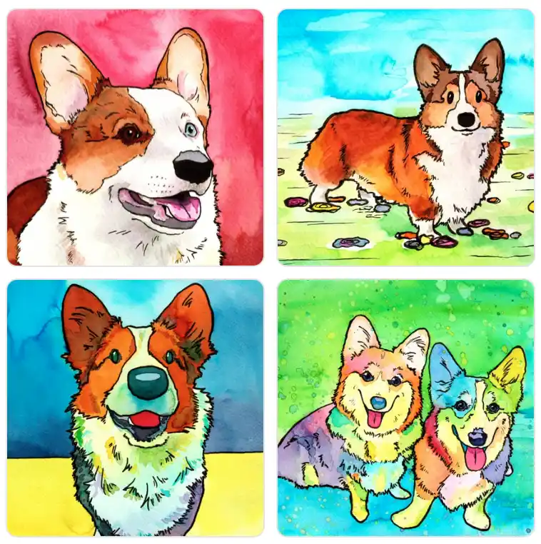 Four watercolor-style illustrations of corgis arranged in a grid. Top left: a corgi with brown and white fur against a pink…