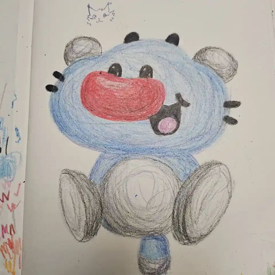 A child's crayon drawing of a blue, round, cartoonish hippo with a very large red mouth, black eyes, and a small pink tongue…