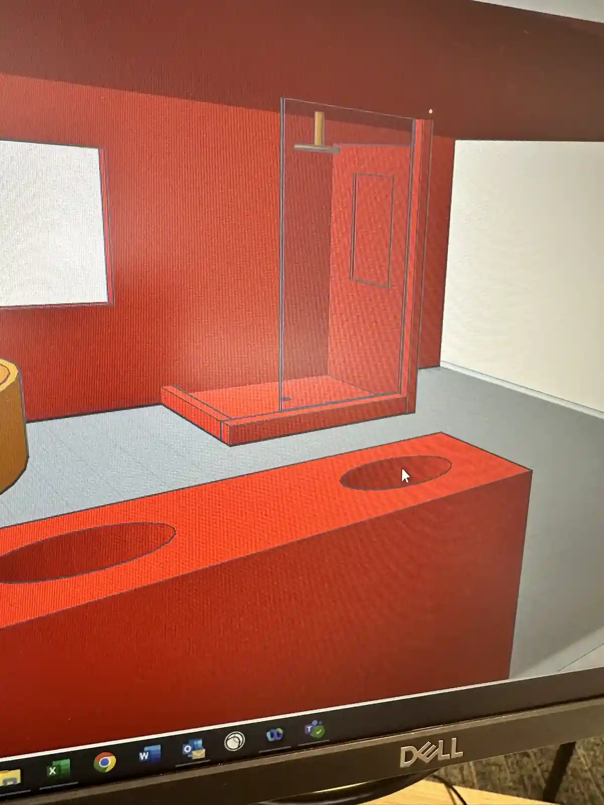 A computer screen displays a 3D rendering of a bathroom with red walls, a red vanity with two sinks, and a glass-enclosed…