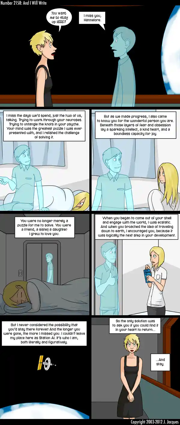 A comic strip featuring a man and a woman in a space station setting, with the man expressing deep affection and longing for…