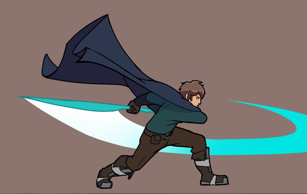 A cartoon character with brown hair, wearing a dark blue cape, green shirt, and brown pants, is shown in a dynamic pose…
