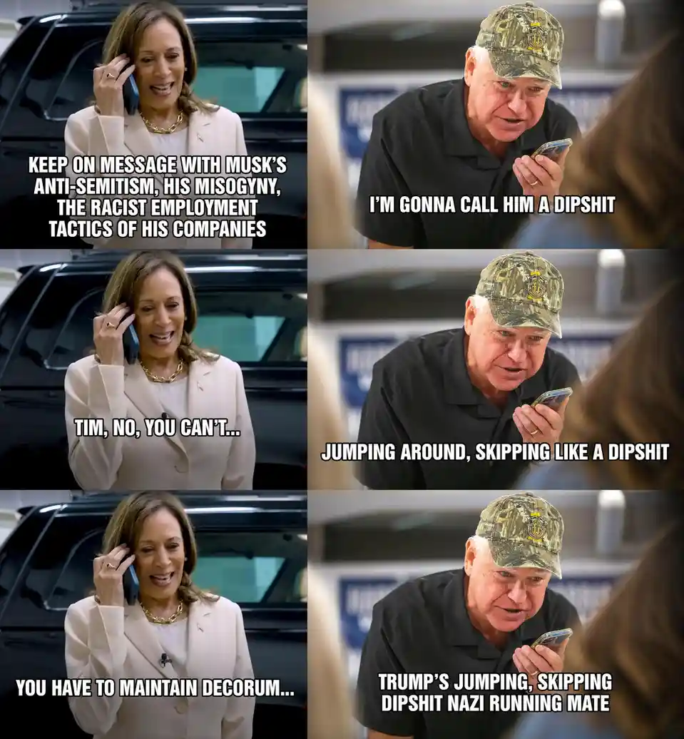 A six-panel meme juxtaposes Kamala Harris on the phone with a man in a camouflage cap also on his phone. Harris is shown…