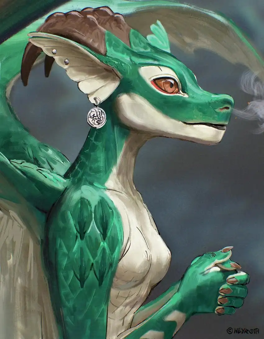 A stylized green dragon with white underbelly and brown horns, wearing a silver earring with a circular Celtic knot design…