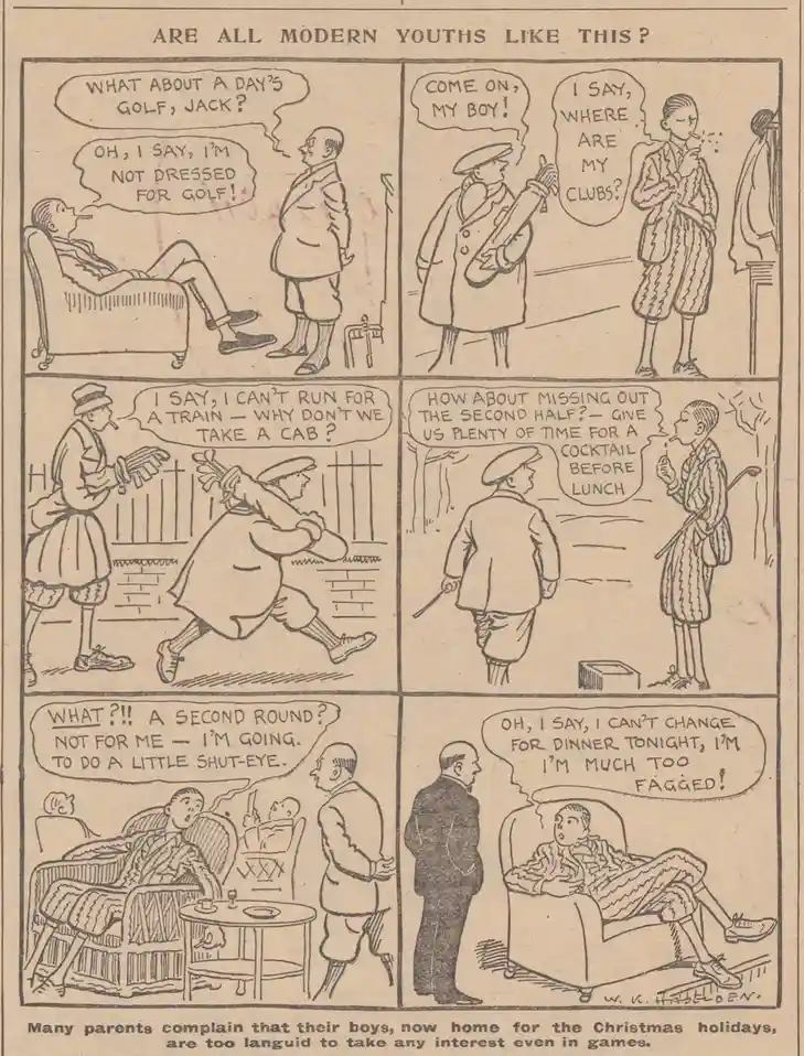 A vintage six-panel comic strip depicts a man trying to get his lazy son to play golf, but the son repeatedly refuses…