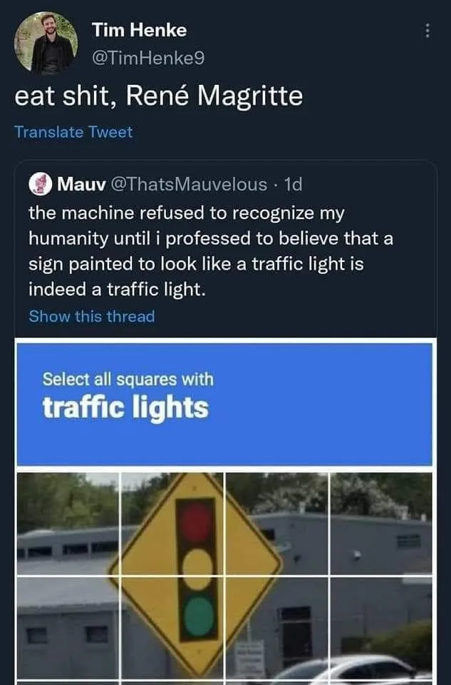 A screenshot of a tweet by Tim Henke mocking a user named Mauv who complained that an AI refused to recognize their humanity…