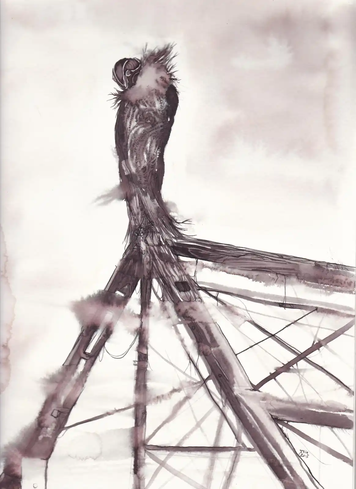 A watercolor painting depicts a stylized, abstract human-like figure with a ram's head and feathered body, standing atop a…