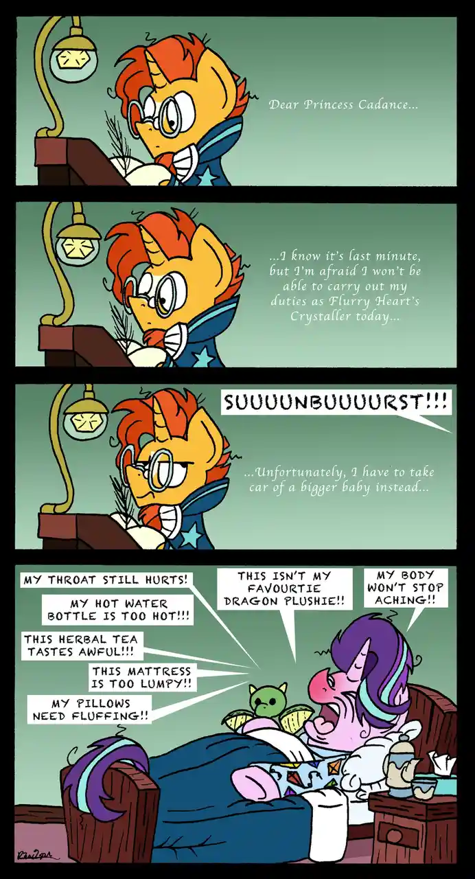 A four-panel comic shows a pony in a blue uniform writing a letter to Princess Cadance, explaining they can't fulfill their…