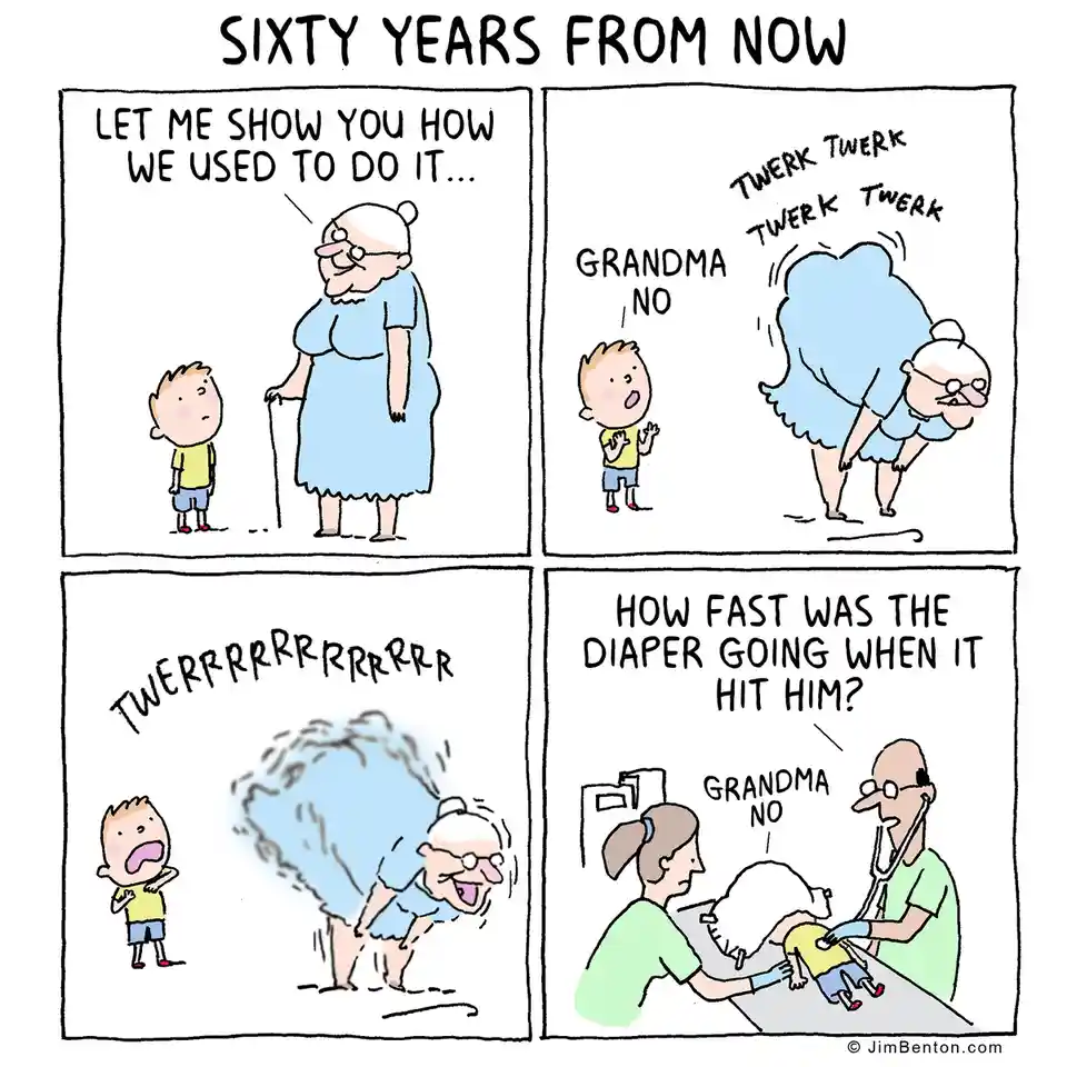 A four-panel comic titled 'SIXTY YEARS FROM NOW' shows an elderly woman demonstrating a dance move to a young boy, who…