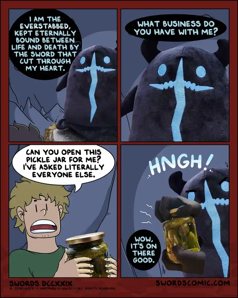 A four-panel comic strip featuring a plush toy resembling the 'Everstabbed' character from Swords comic, who claims to be…