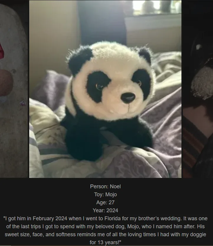 A plush panda toy sits on a bed, with overlaid text revealing it was named 'Mojo' after a deceased dog, and the owner, Noel…