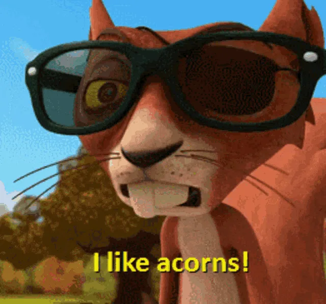 A six-panel grid shows a cartoon fox wearing large black sunglasses, repeating the phrase 'I like acorns!' in each panel…