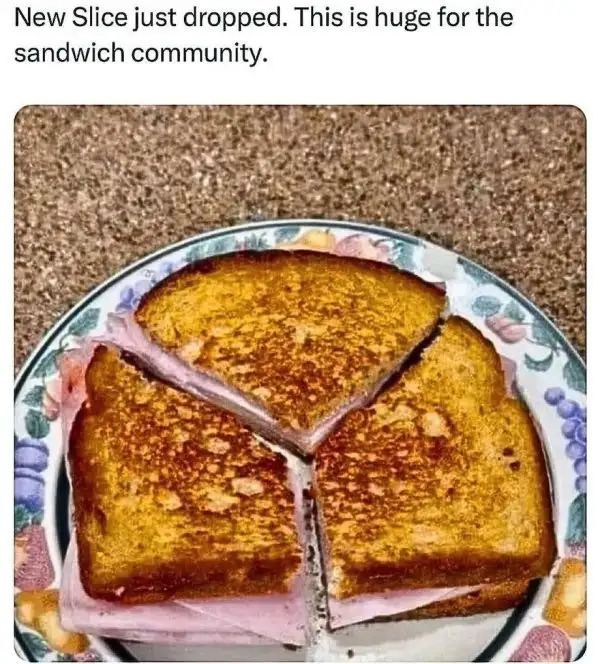 A grilled sandwich on a floral plate is cut into three triangular pieces, revealing pink ham inside. The text overlay reads…