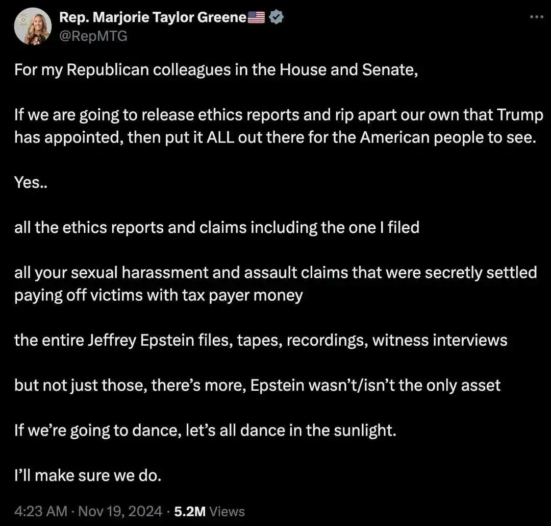 A screenshot of a tweet from Rep. Marjorie Taylor Greene's verified Twitter account, featuring white text on a black…