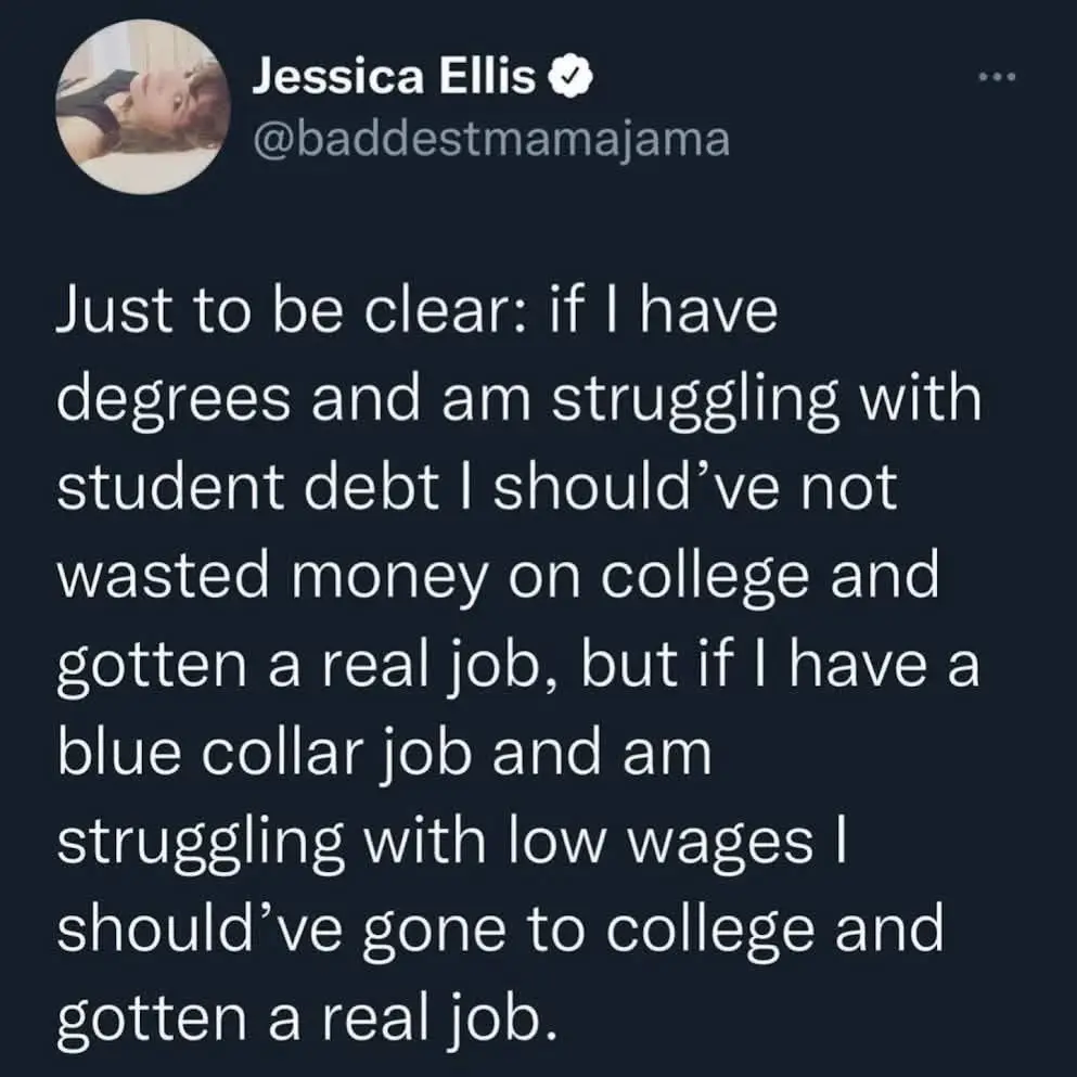 A screenshot of a tweet by Jessica Ellis (@baddestmamajama) with white text on a dark background. The tweet reads: 'Just to…