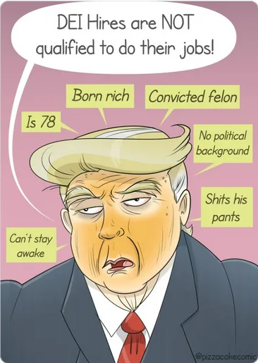 A cartoon image of Donald Trump with a scowl, surrounded by yellow text boxes listing absurd qualifications like 'Born…