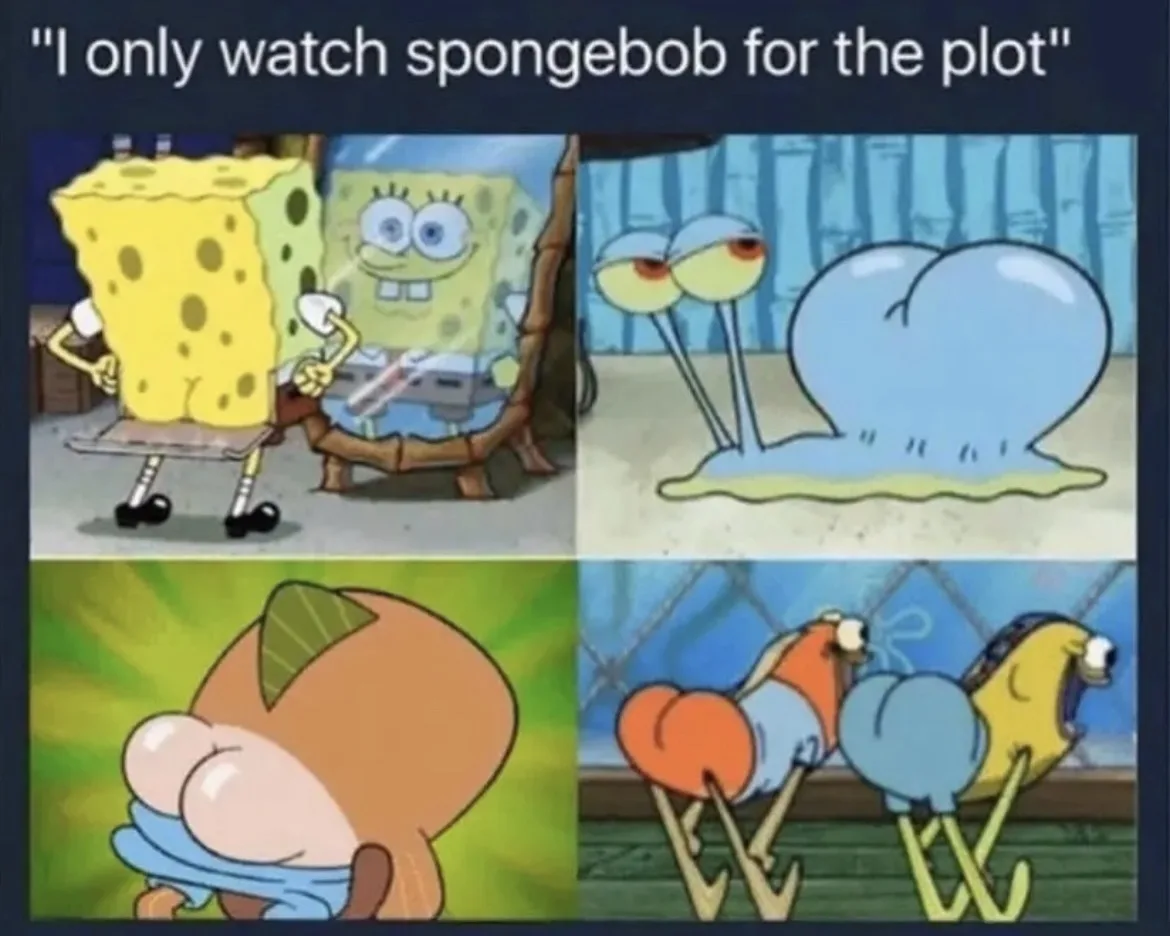 A four-panel meme featuring characters from SpongeBob SquarePants. Top left: SpongeBob smiling while holding a remote. Top…