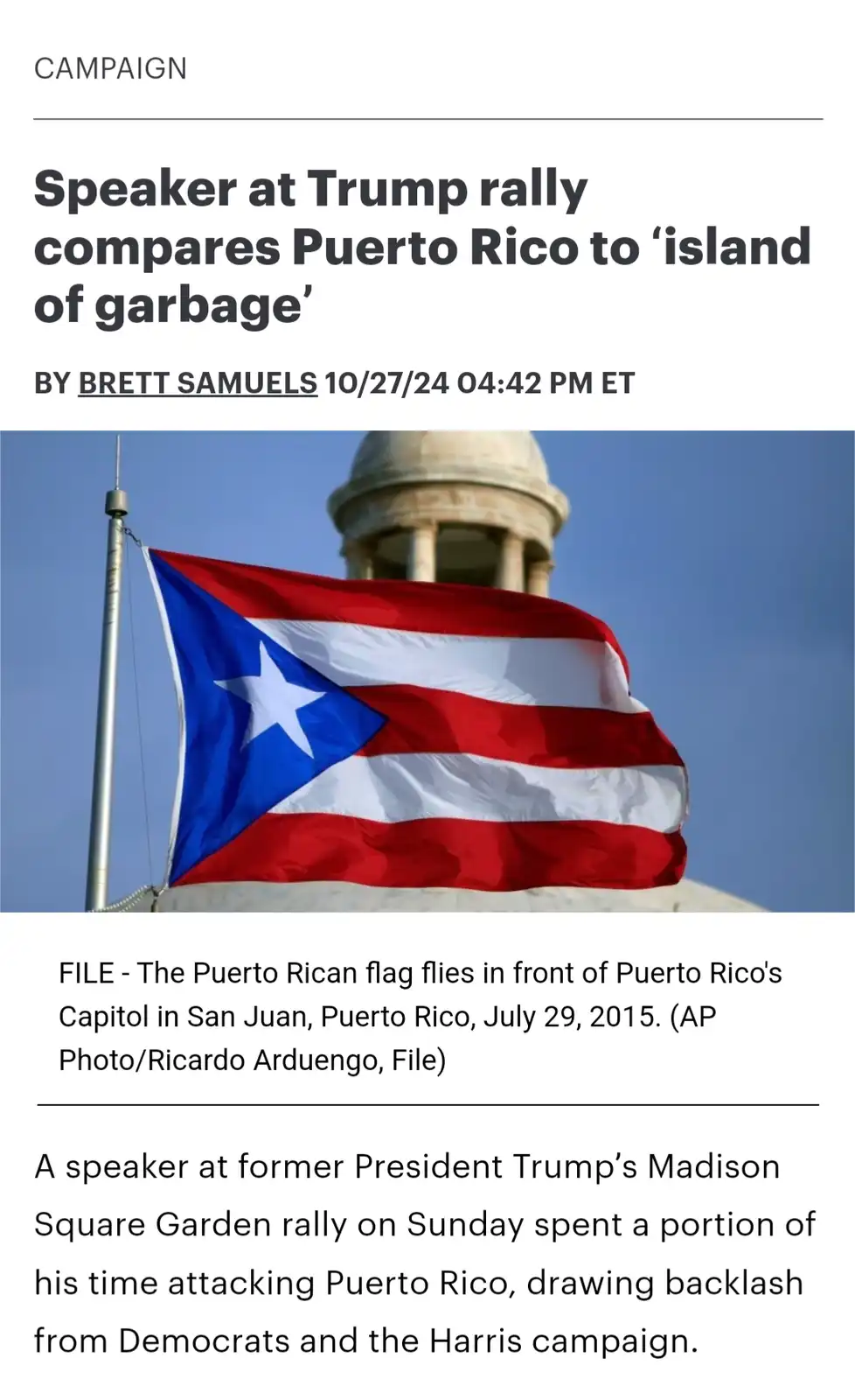 A news article screenshot shows a Puerto Rican flag waving in front of a domed building under a clear blue sky. The headline…