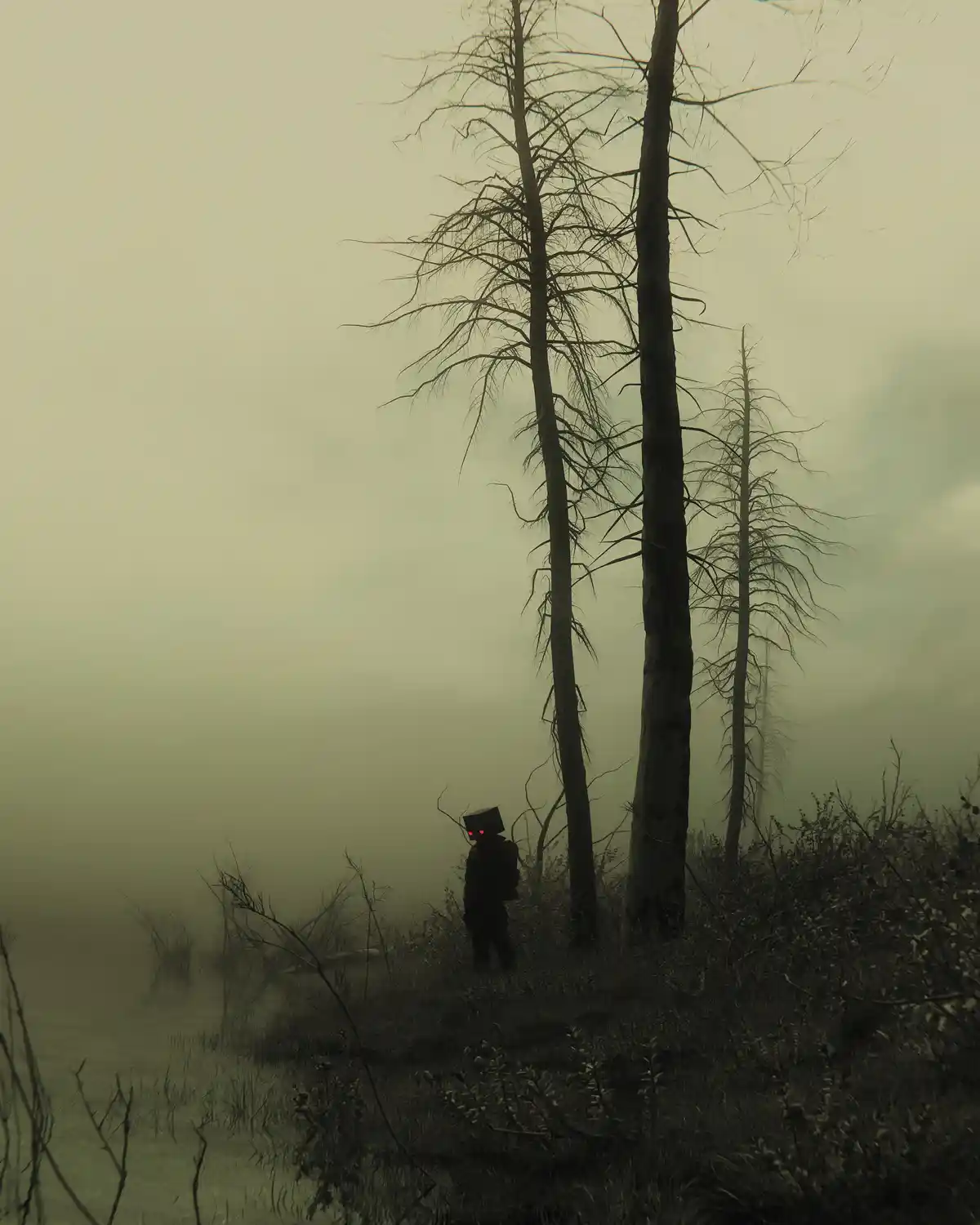 A person with a glowing red-eyed box head stands alone in a foggy, eerie forest with bare trees. The overlaid text reads…
