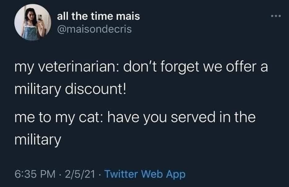 A screenshot of a Twitter post by user 'all the time mais' (@maisondecris) from February 5, 2021, showing a dark blue…
