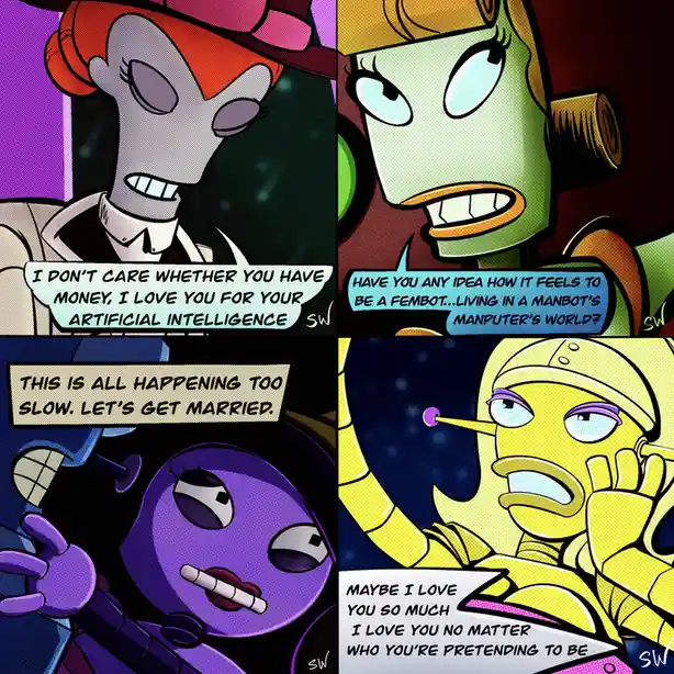 A four-panel comic strip featuring four different robot characters in stylized, colorful panels. The first panel shows a…