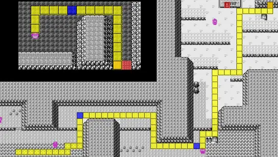 the image displays a pixelated Pokémon game map with two views: a small inset showing a tiny room with a pink Pokémon and a…