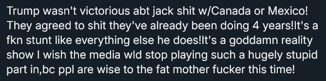A dark background image features white text expressing frustration about Donald Trump's perceived lack of achievement in…
