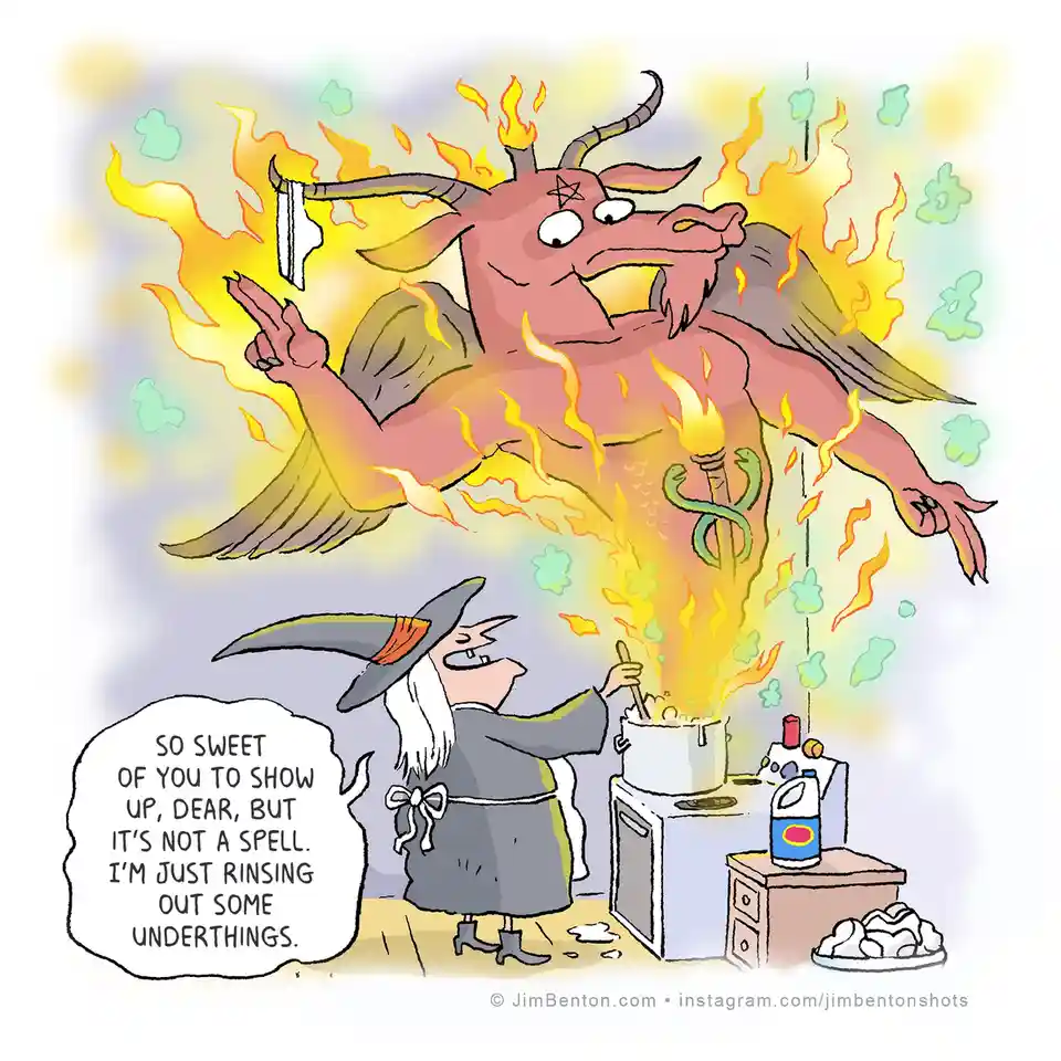 A cartoon witch in a grey robe and hat stands in a kitchen, stirring a pot on a stove that is erupting with flames and green…