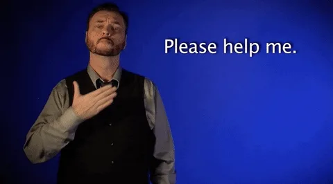 A man in a vest and shirt against a blue background repeatedly says 'Please help me.' while making different hand gestures…