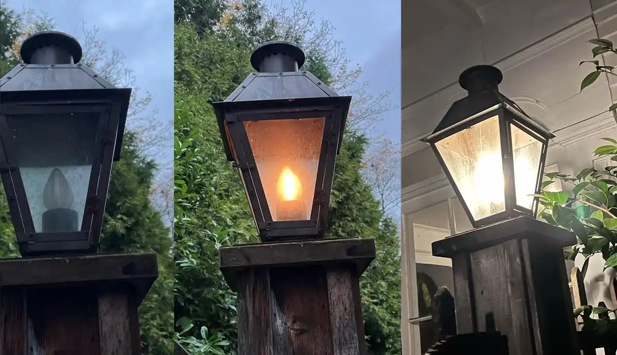 A triptych of a vintage-style outdoor lantern mounted on a wooden post, showing it off in three stages: first unlit against…