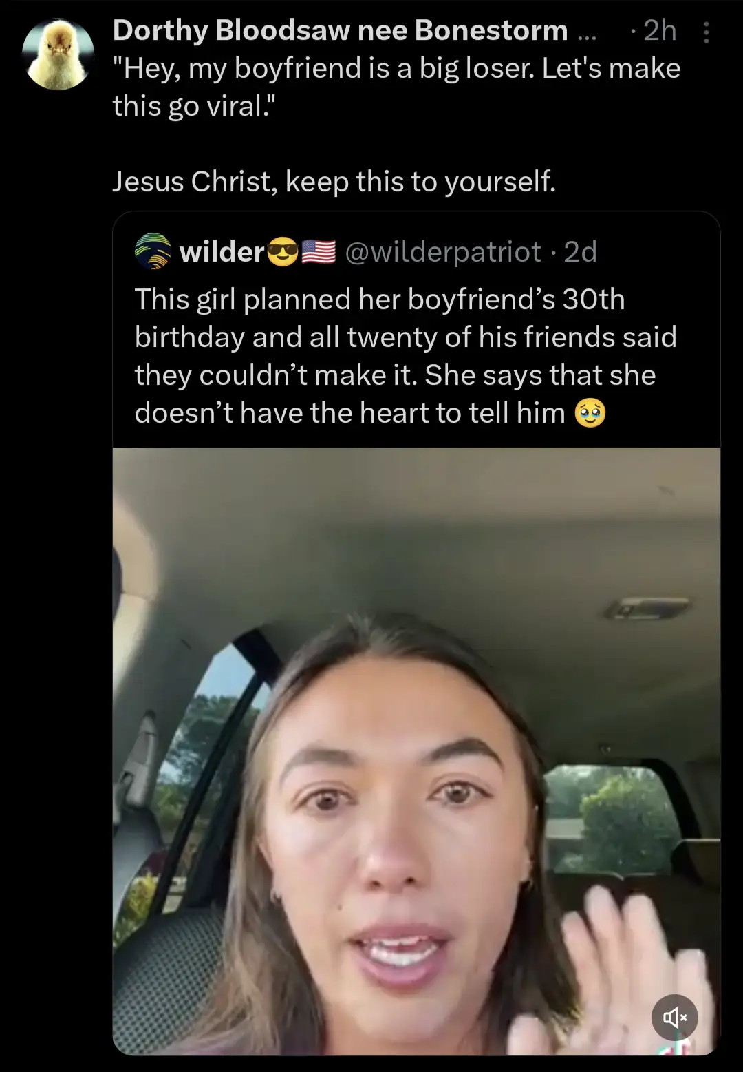 A screenshot of a social media post showing a woman in a car looking distressed while speaking. The post includes a tweet…