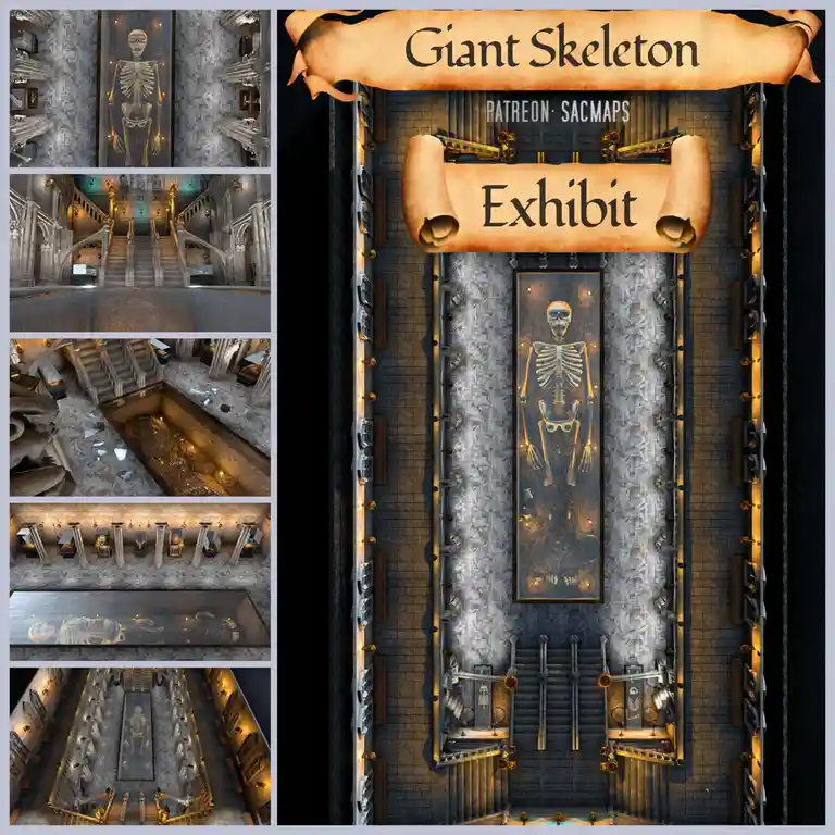 The image displays a grand, gothic-style museum exhibit centered around a massive, illuminated skeleton displayed in a glass…