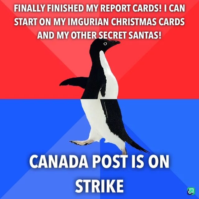 A penguin stands centered against a red and blue background, with white text overlaid in two sections. The top text reads…