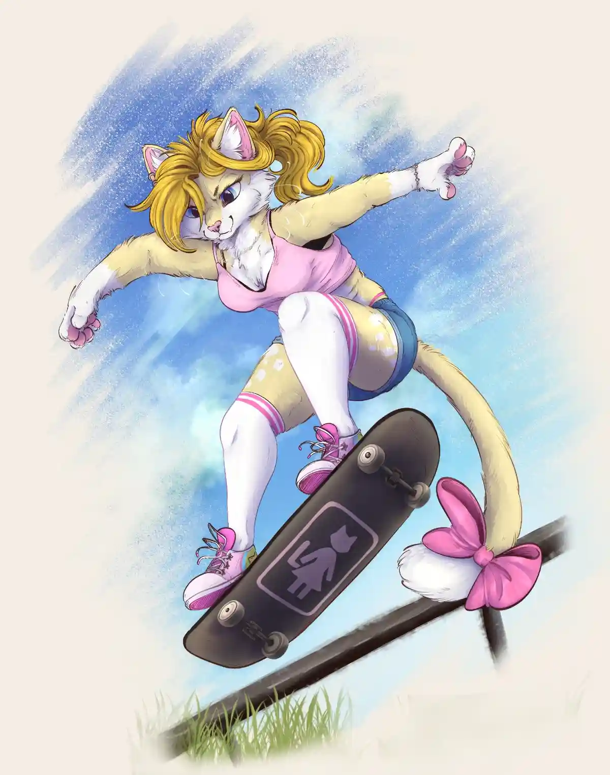 An anthropomorphic cat with blonde hair and a pink bow on her tail is riding a skateboard, which has a female restroom…
