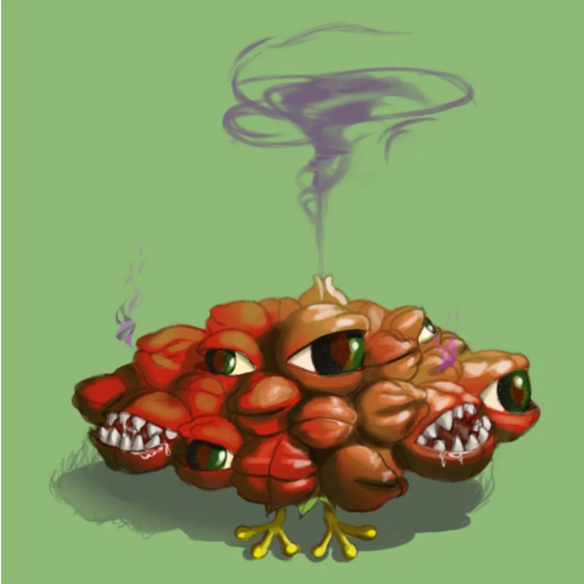 A cartoonish, multi-eyed, multi-mouthed creature made of red and brown fleshy segments stands on yellow feet against a green…