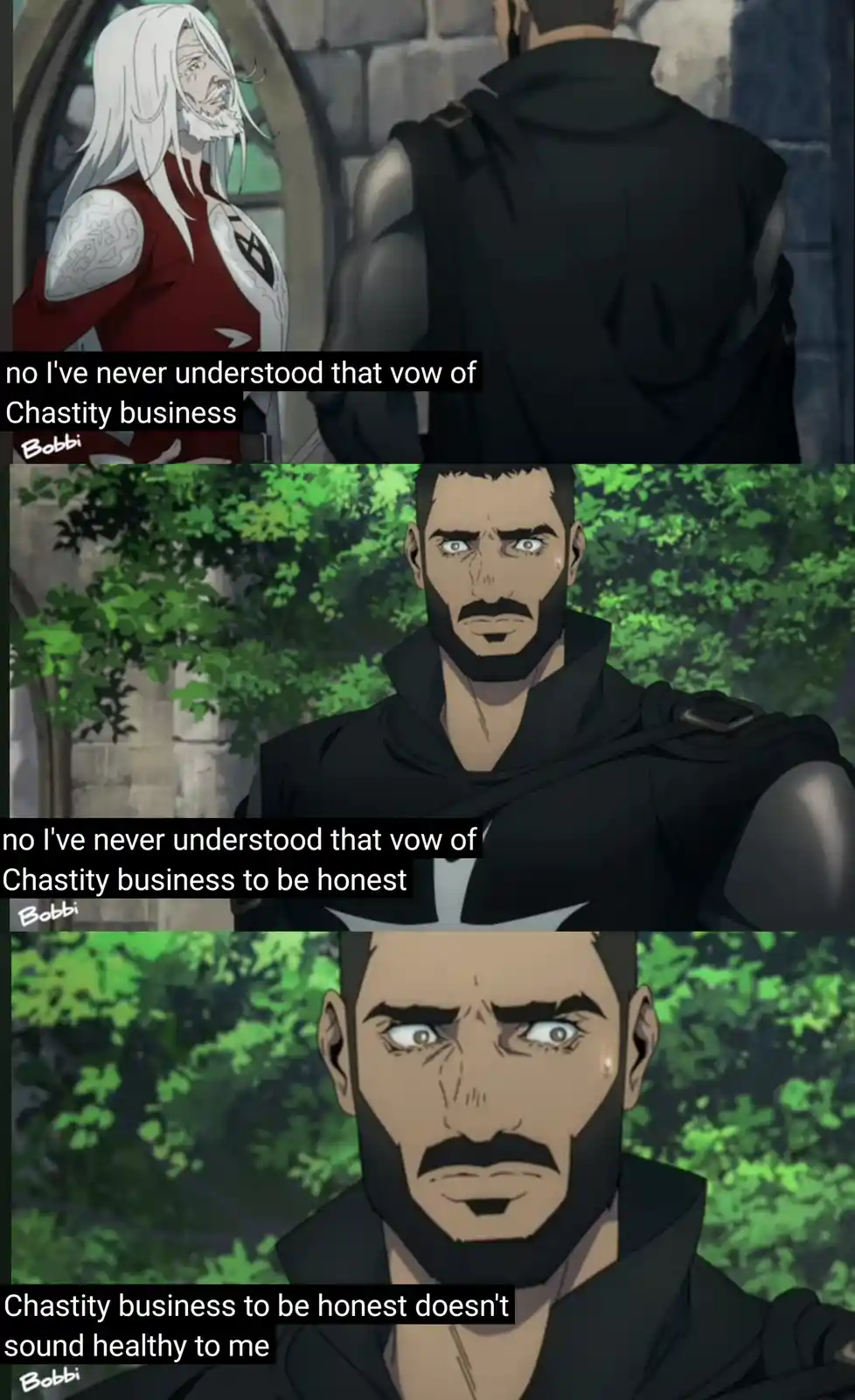 The meme features three panels from the anime 'Black Clover,' showing a white-haired man speaking to a black-robed man, then…