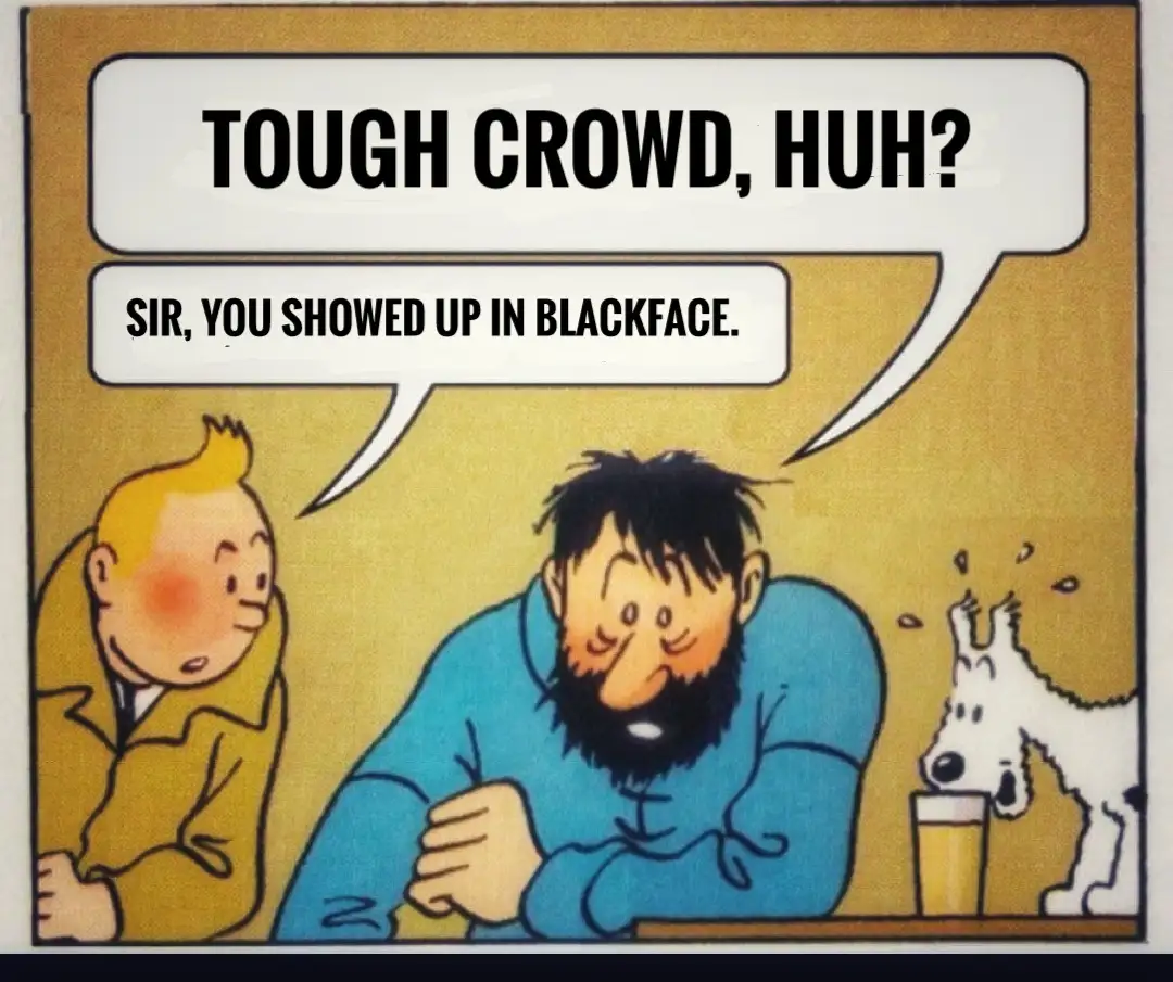 A comic panel featuring Tintin and his dog Snowy looking at a man with a beard who is slumped at a bar. The man has a speech…